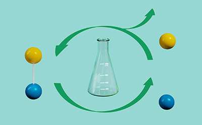 Modify Step of Glycobiology Workflows 糖生物学工作流程中的修改步骤,描绘了修改聚糖结构的过程。循环流程工作流程中间的埃尔伦迈耶烧瓶,左边是连接的聚糖,右边是分解的聚糖。