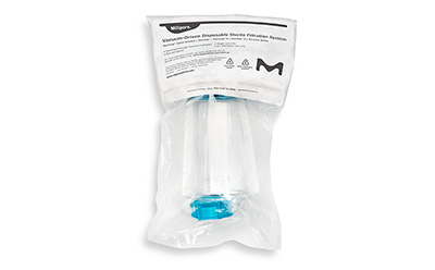Stericup QR packaging Photograph of a filter inside a labeled plastic pouch.