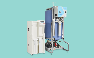 A white Milli-Q HX 7000 water purification system, including filtration cartridges system and digital display screen, with a large blue tank on its right side, all displayed on a light turquoise background