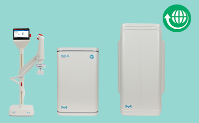 Milli-Q IX 7 water purification system consisting of 3 components: an E-POD touchscreen control panel with a dispensing arm on the left, a central rectangular unit labeled 'Milli-Q IX’ with an M logo, and another tall rectangular unit on the right, all set against a light turquoise background. A green globe icon symbolizing sustainability is visible in the top right corner. 