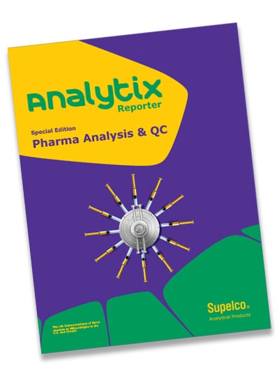 Cover of “Analytix Reporter,” a special edition focusing on Pharma Analysis & QC. It features a graphical representation of a molecular structure in white against a split background of purple and green.