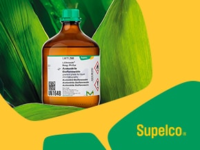 A brown bottle with a green cap sits on large green leaves against a bright yellow background, with teal/green shapes in the foreground and the Supelco logo in the lower right corner.
