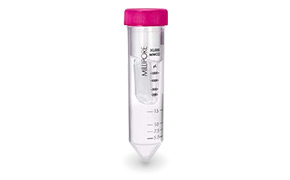 FLAG purification Close-up photograph of a protein purification column containing chromatography resin on a ring stand, with elution into a 15-mL conical tube