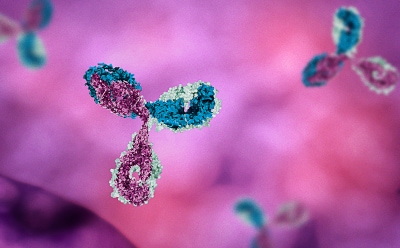3D illustration of antibodies floating in a solution
