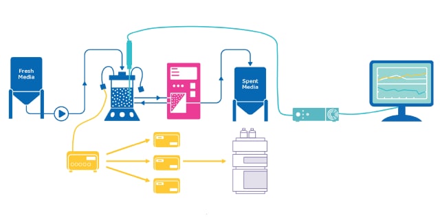 <p>On-line HPLC as PAT Tool in Bioprocessing</p>
Graphic demonstrating how direct access to on-line high-performance liquid chromatography (HPLC) data can empower advanced process control.