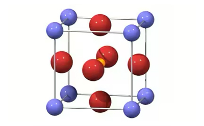Schematic representation of an atomic arrangement in a cubic crystal lattice. Cubic unit cell diagram showing atoms at corners and within the lattice to illustrate a crystal structure.