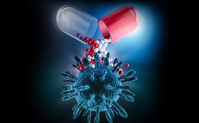 Illustration of drug delivery targeting a biological structure. Illustration of a capsule releasing small drug particles toward a biological target structure.