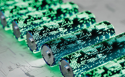 Visualization of lithium ion batteries with circuitry overlay representing next generation energy technologies. Close-up of cylindrical lithium ion batteries displaying digital light patterns to represent modern energy materials.