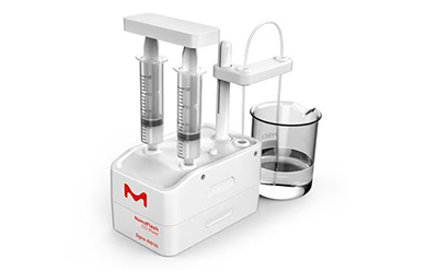 NanoFabTx™ NanoFlash CIJ (confined impingement jet) device. NanoFabTx™ NanoFlash CIJ device showing confined impingement jet design for rapid microfluidic mixing and nanoparticle formulation.