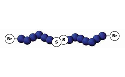 Polymer Chain Featuring Terminal Bromine Groups and a Central Disulfide Linkage. Model of a polymer chain with bromine end groups and a central disulfide bond, illustrated as connected spherical units.