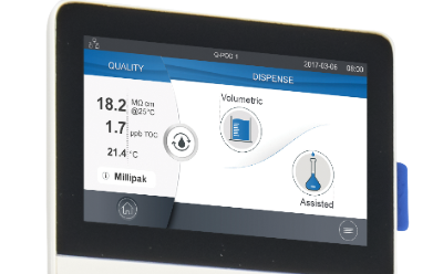 Q-POD® Ultrapure Water Remote Dispenser screen Display screen from a water purification system showing resistivity, TOC, and temperature of purified water.
