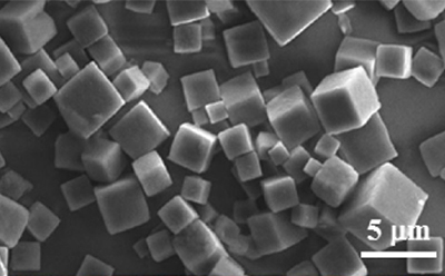 SEM image of PODS® crystal morphology at 5 µm. SEM image showing densely packed cubic PODS® crystals with a 5 µm scale bar.