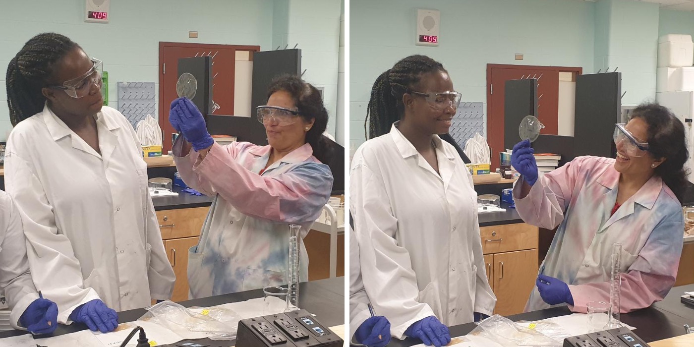 shegufa-with-students Two images of Dr. Shetranjiwalla wearing a tie-dye lab coat and standing at a lab bench with two students. In the left image, she holds up a sample and the student looks at it carefully. In the right image, both the student and Dr. Shetranjiwalla laugh.