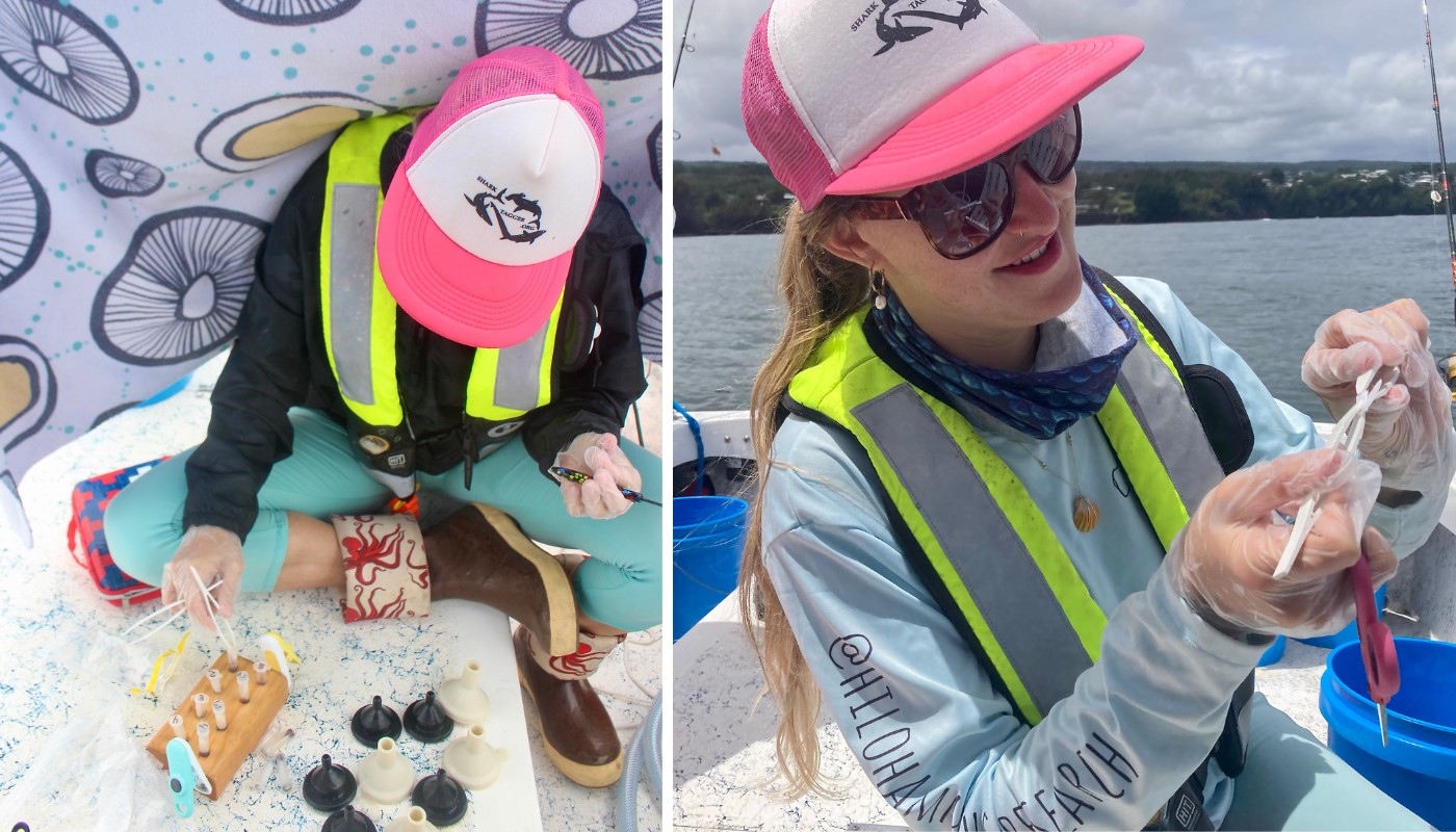 Two images of Danielle Bartz wearing a pink hat and plastic glove processing samples on a boat. In the left image, Bartz carefully holds tweezers and rolls a filter. In the right image, Bartz stuffs the filters into small tubes.