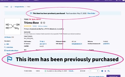 Previous Purchase Banner Product Detail Page Screenshot of Millipore Sigma product detail page showing previous purchase banner