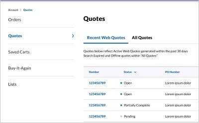 Quote List Page View of the quote list page with recent quote and all quotes tabs