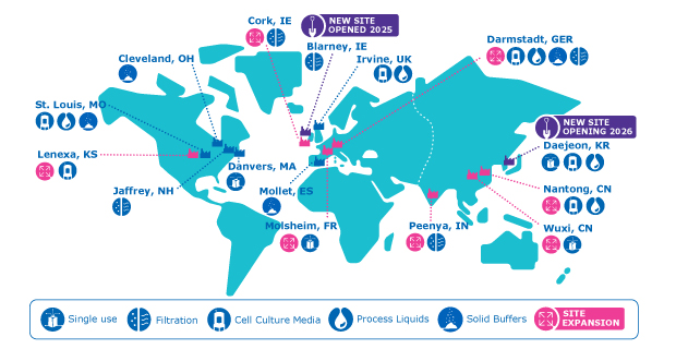 Regional Manufacturing Network Global Oversight This image shows a map of our filtration, cell culture media, process liquids, single-use manufacturing sites across Americas, EMEA, and APAC regions.
