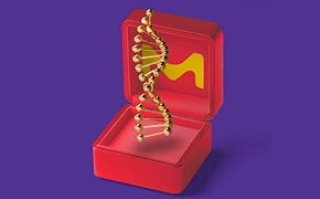 GMP Oligos Red jewellery box with yellow vibrant M on purple background, showing a golden DNA.