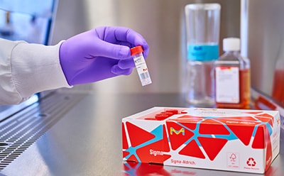 Validated. Ready-to-use. One vial. A laboratory scene showing a gloved hand holding a small vial with a red cap, next to a box with a geometric design and other laboratory containers in the background.