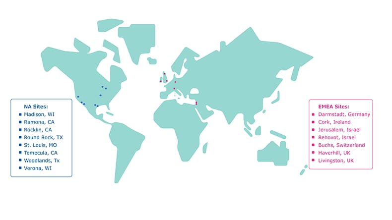 world map showing major North American and European and Middle Eastern IVD assay component development and manufacturing sites