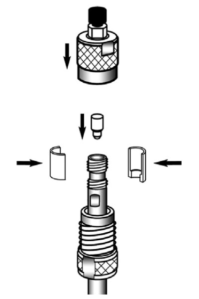 An assembly process where two components are connected, with an additional intermediary part being inserted between them. The top piece is a cylindrical object being directed downward to fit onto the lower threaded piece connected to tubing. In the middle, a smaller cylindrical insert is shown being placed into the fitting before the two main components are joined. On the sides, two half-circle clips are being inserted into grooves on the threaded piece to secure the connection. This setup shows how to assemble the system when an extra component is involved, ensuring a secure and reliable connection for fluid transfer.