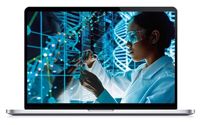 Data Integrity A person in a white lab coat manipulating a molecular model or DNA strand, with a digital background of DNA and data patterns.