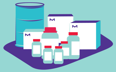 Broad Portfolio Multiple different sized container types such a bottles, boxes, and a barrel, standing on a purple space in front of a blue background.