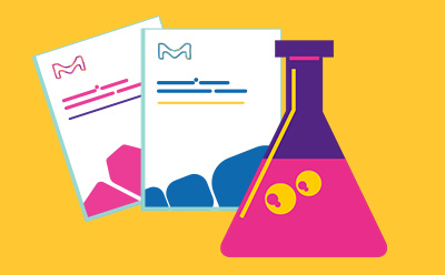 Chemicals Purple flask with a pink liquid and documents in the background, representing the Emprove® Chemicals portfolio.