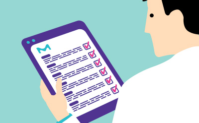 Comprehensive Documentation Person in a lab coat looking at a tablet screen with purple text and pink checkmarks; blue background.