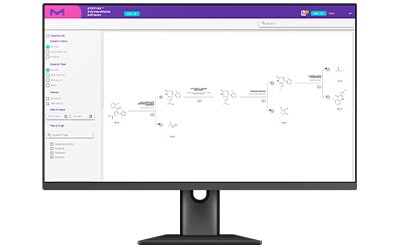 SYNTHIA™逆合成软件的屏幕视图，展示了化学化合物合成的详细路径。