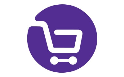 紫色背景上的购物车图标，展示SYNTHIA™软件内置购物车功能，该功能可与Sigma-Aldrich产品目录联动。