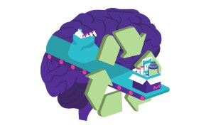 SHIFT Circular Recycling A graphic of a conveyer belt passing through the outline of a brain. On the conveyer belt are various pieces of laboratory plastic waste, including a trash bag of pipette tips and empty plastic bottles, a package filled with an empty bioreactor bag and test tubes. The common illustration for recycling surrounds the entire conveyer belt.
