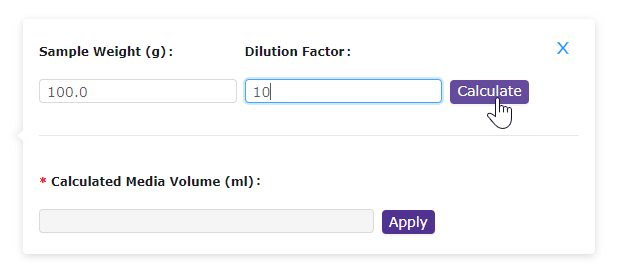 Enter the sample size (in gram) and the dilution factor.