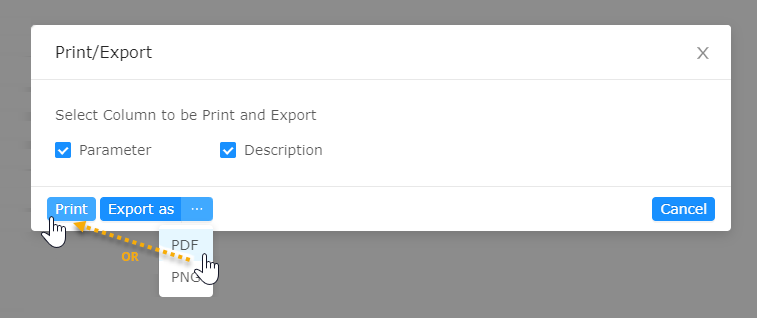 Select columns to display and choose PDF or PNG.