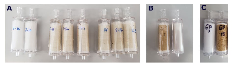Photographs of Sterivex™ filters after filtration of ocean water samples. A), On far left, two Sterivex™ filters labeled 1-10 and 2-10 that are almostly perfectly white, followed by three Sterivex™ filters labeled 1-11, 1-12, and 1-13 that are slightly brownish in color, then three Sterivex™ filters labeled 2-11-, 2-12, and 2-13 that are brownish in color with some brown deposits visible. B) On left, a Sterivex™ filter that is darker brown than previous filters next to an unused Sterivex™ filter that is white. C) On left, a Sterivex™ filter that is white in color next to a Sterivex™ filter that is almost completely brown with dark brown deposits.