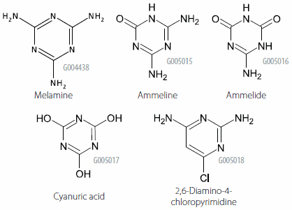 melamine-and-related The image displays the chemical structures of five compounds. At the top, there are three compounds: Melamine, Ammeline, and Ammelide, each labeled with their respective identifiers (G004438, G005015, G005016). Below them are two additional compounds: Cyanuric acid, labeled G005017, and 2,6-Diamino-4-chloropyrimidine, labeled G005018. Each compound is represented with its molecular formula, showcasing the arrangement of atoms and functional groups.