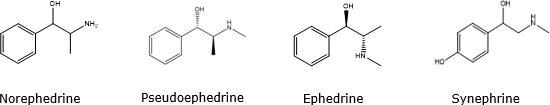 Two-dimensional chemical structures of four compounds, each labeled with its corresponding name below the structure. From left to right, the compounds are—Norephedrine, Pseudoephedrine, Ephedrine, and Synephrine. Two-dimensional chemical structures of four compounds, each labeled with its corresponding name below the structure. From left to right, the compounds are—Norephedrine, Pseudoephedrine, Ephedrine, and Synephrine.