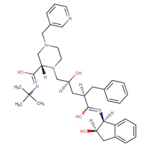 Indinavir chemical structure Complex organic molecule structure. It consists of multiple ring structures, some of which are hexagonal benzene rings, and others are pentagonal. The molecule includes various atoms connected by single, double, and triple bonds. Atoms are not labeled but can be inferred as carbon and hydrogen in the rings, with functional groups containing oxygen (indicated by red lines) and nitrogen (indicated by blue lines). There are also several hydroxyl (-OH) groups attached to the rings.