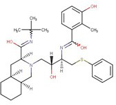 Nelfinavir chemical strucure Organic molecule structure, which is likely of interest due to its relevance in chemistry, particularly in the study of molecular configurations and interactions. The molecule includes multiple ring structures, various functional groups such as hydroxyl (OH), methyl (CH3), and amine (NH2) groups. There are also double bonds present within the rings and between some carbon atoms. The structure is depicted with standard chemical notation, with lines representing bonds between atoms and letters indicating the types of atoms involved (C for carbon, N for nitrogen, O for oxygen).