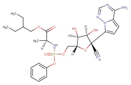Remdesivir chemical strucure A complex organic molecule structure. It features multiple ring structures, including a benzene ring, and various functional groups such as phosphates, amides, and alcohols. The molecule contains chains of carbon atoms with attached hydrogen atoms, double bonds, and is depicted in a skeletal formula representation where lines represent chemical bonds and vertex ends represent carbon atoms.