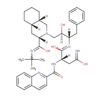 Saquinavir chemical structure complex organic molecule structure, which is likely of interest due to its relevance in chemistry, particularly in the study of molecular configurations and interactions. The molecule includes multiple ring structures, various functional groups such as hydroxyl (OH), methyl (CH3), and amine (NH2) groups. There are also double bonds present within the rings and between some carbon atoms. The structure is depicted with standard chemical notation, with lines representing bonds between atoms and letters indicating the types of atoms involved (C for carbon, N for nitrogen, O for oxygen).