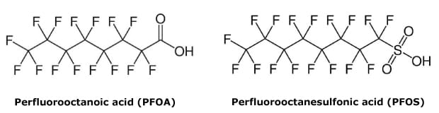 Chemical structures of PFAS compounds, PFOA and PFOS Chemical structures of two PFAS compounds, perfluorooctanoic acid (PFOA) and perfluorooctanesulfonic acid (PFOS)