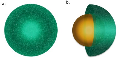 Illustration comparing fully porous particle and superficially porous particle with solid core and porous outer shell.