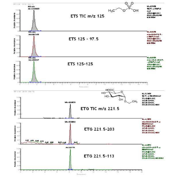 Chromatograms for EtG and EtS, and internal standards