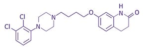 Chemical structure aripiprazole A chemical structure diagram featuring a series of interconnected atoms, including chlorine (Cl), nitrogen (N), carbon (C), oxygen (O), and hydrogen (H). The structure is depicted in a simple, clear format, emphasizing the arrangement of the molecules.