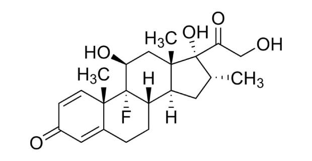 Dexamethasone Structure Molecular structure of dexamethasone. The structure includes molecular representations of oxygen and fluoride, with hexagons representing the carbon molecules.