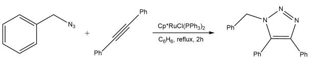 Ruthenium-catalyzed one step azide-alkyne cycloaddition (RuAAC) A chemical reaction diagram illustrating the synthesis of a compound. On the left, a phenyl azide (with the azide group N3 attached to a phenyl ring) is shown alongside a linear alkyne with a phenyl group (Ph) at both ends. The reaction conditions are detailed in the center, indicating the use of a catalyst, cyclopentadienyl ruthenium chloride (Cp*RuCl(PPh3)2), in the solvent toluene (C6H6) under reflux for 2 hours. On the right, the resulting product is depicted, featuring a six-membered ring with three nitrogen atoms and two phenyl groups attached.