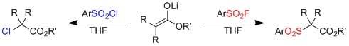 Exclusive reaction at sulfur: Sulfonyl fluorides react fast and, compared to sulfonyl chlorides, chemoselectively produce only sulfonylation products.1 Exclusive reaction at sulfur: Sulfonyl fluorides react fast and, compared to sulfonyl chlorides, chemoselectively produce only sulfonylation products.1
