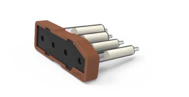 Brown Synple Boc deprotection cartridge with a black core and four reaction vials.