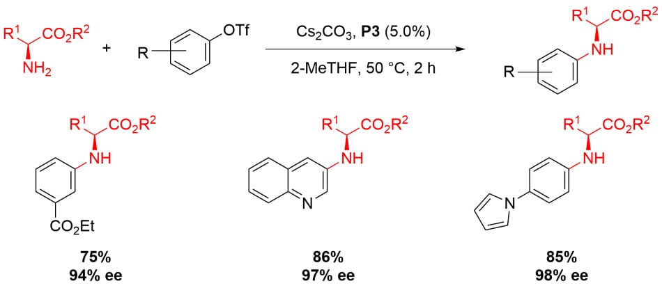 Reaction scheme showing the arylation of an amino acid ester using P3 precatalyst from Table 1